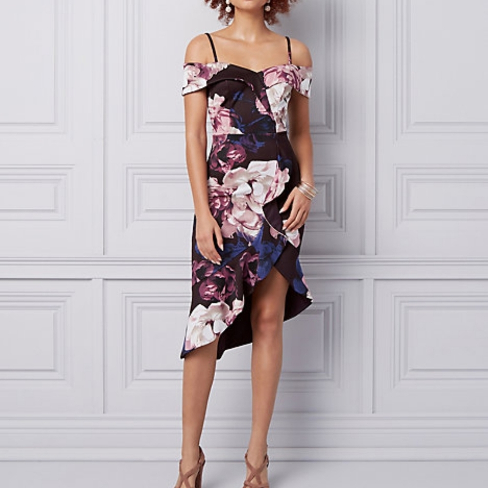 Le Chateau Cold Shoulder Floral Ruffle Asym Dress